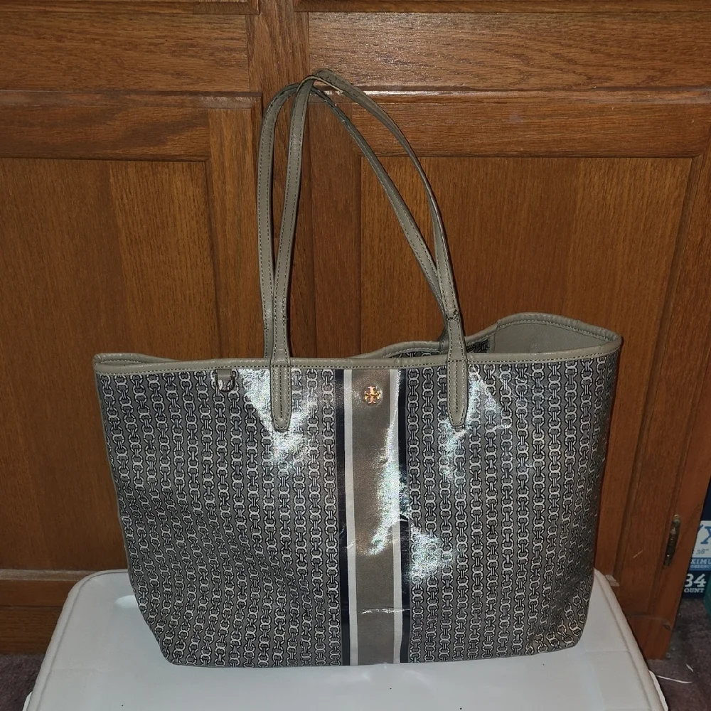 Tory Burch Gray Logo Canvas Tote with Center Stripe